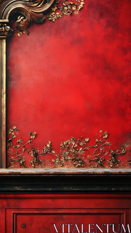 Ornate red wall with golden vines and timeless charm.