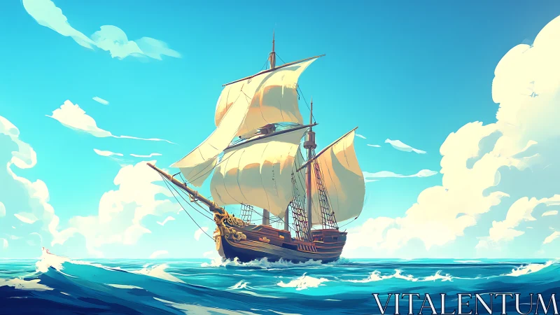 Three-masted sailing ship on open ocean under clear sky.