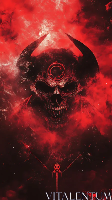 Horned inferno skull rising through ritual crimson smoke.
