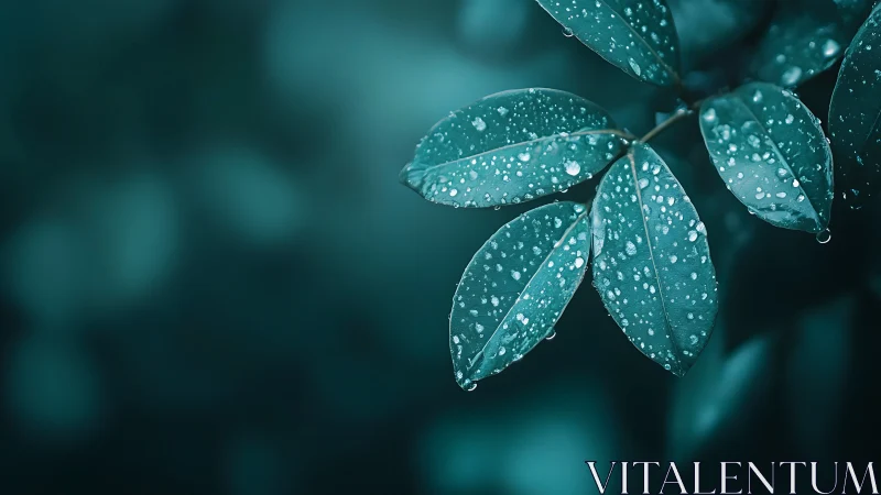 Water droplets cling to teal green leaves after rainfall