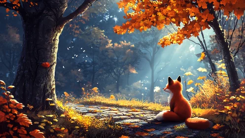 Red fox on forest path under autumn foliage at sunrise.