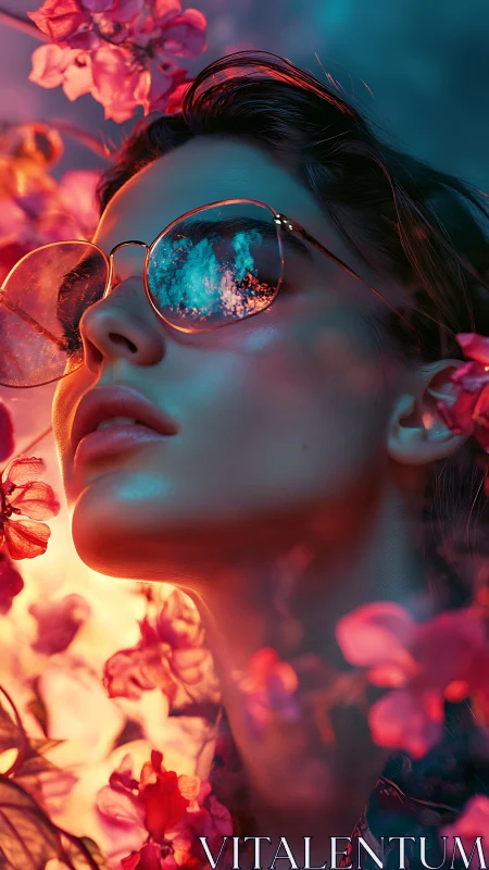 Woman in reflective sunglasses framed by pink blossoms.