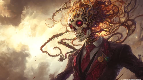 Mechanical skull gentleman amid infernal golden circuitry.