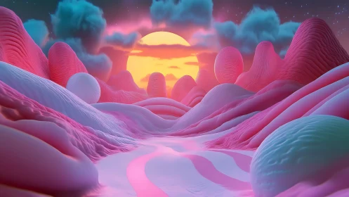 Candy dunes drift toward a melting neon sun beyond clouds
