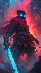 Neon-clad cyberpunk swordsman in vertical inferno composition.