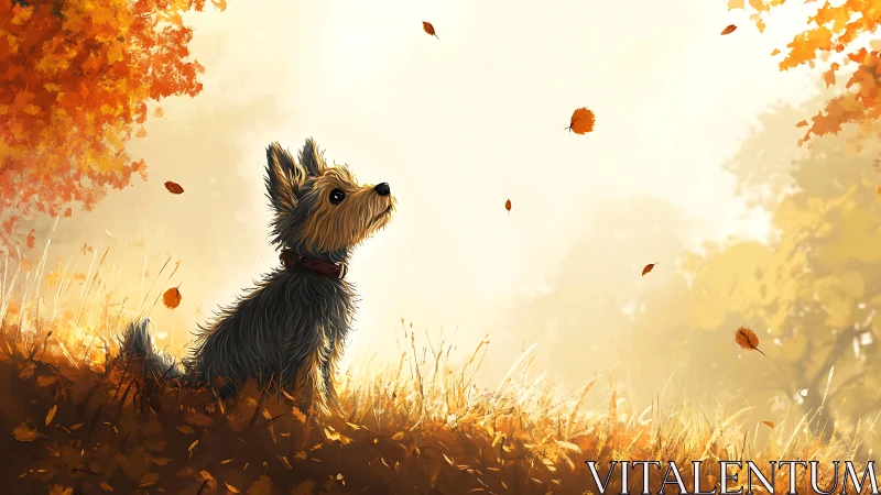 Small dog watches falling autumn leaves in warm sunlight