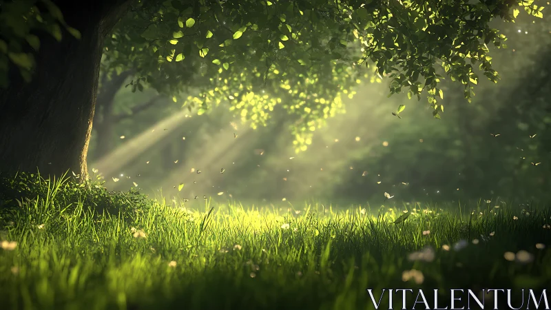 Sunlit forest glade where drifting motes dance in hush.