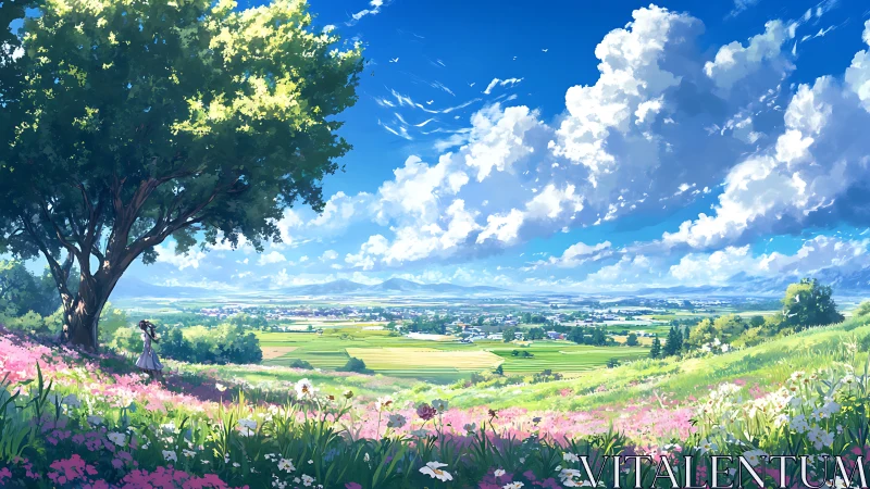 Wide landscape shows hillside flowers, lone figure, and town
