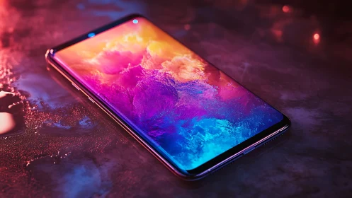 Neon storm smartphone dreaming in liquid light puddles.