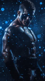 Muscular boxer stands under cold blue rain with intense glare