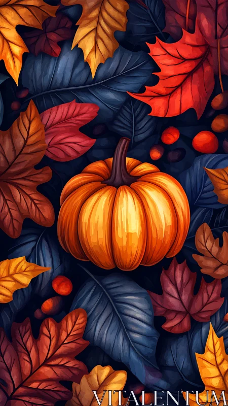 Bright harvest pumpkin rests amid layered autumn leaves