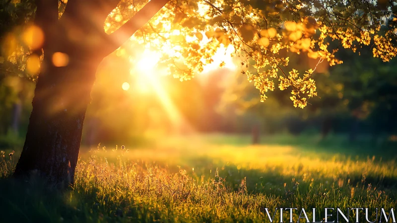 Backlit tree in warm evening sunlight over meadow field.