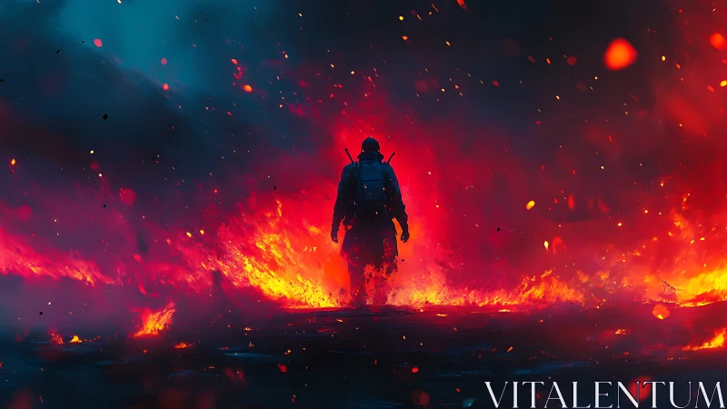 Silhouetted Soldier Standing Amid Inferno Flames