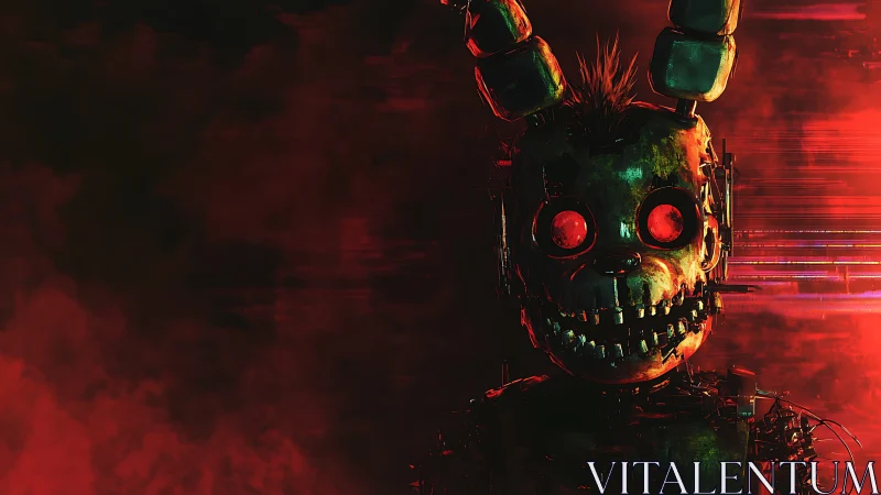 Sinister robotic rabbit looms within glitching red fog