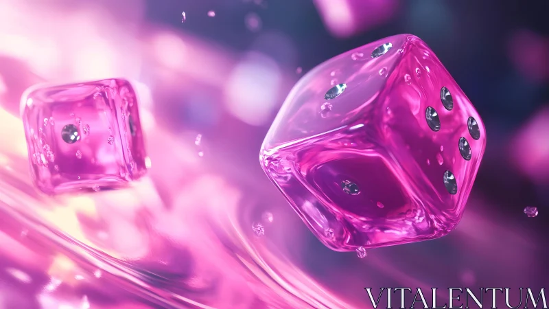Vibrant pink glass dice floating in abstract digital art scene.