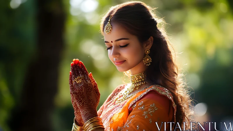Sunlit bridal serenity in marigold silk and ornate mehndi.