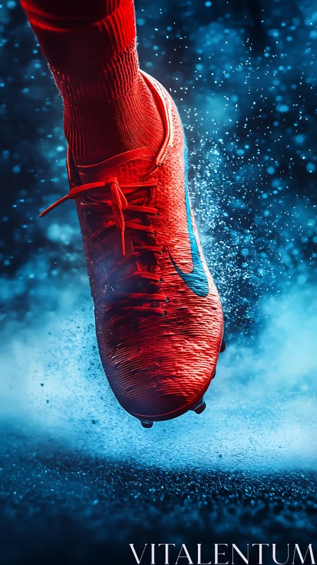 Dynamic red football boot kick amid blue motion spray.