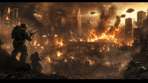 Armored troopers watching a burning sci fi megacity fall.