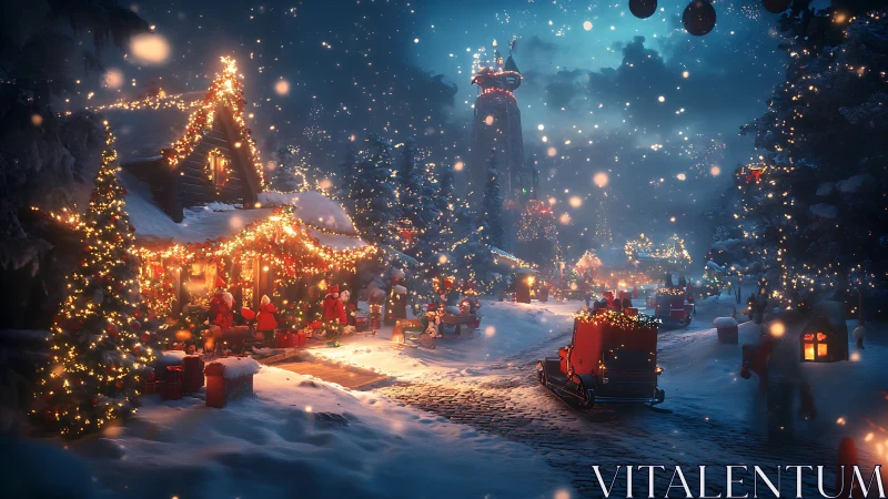 Cinematic 3D Christmas village illuminated by festive lights