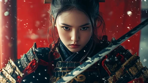 Intense samurai warrior portrait amid drifting snowflakes.