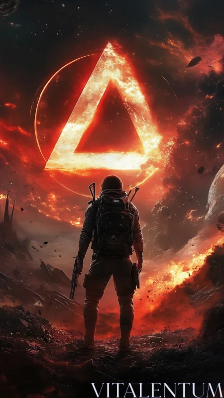 Lone astronaut observes burning triangular portal in sky