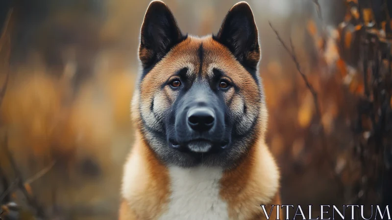 Dog faces camera outdoors in shallow depth of field portrait