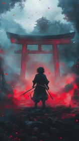 Lone samurai strides through crimson mist toward sacred gate