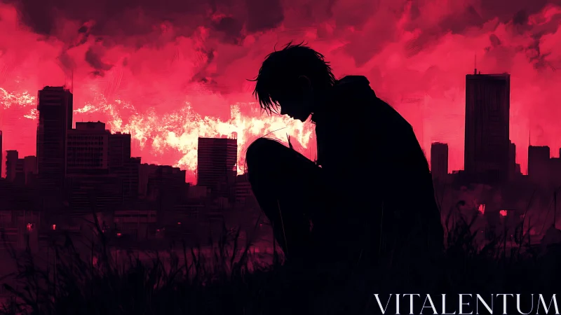 Solitary silhouette before crimson urban skyline at dusk.