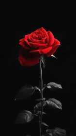 Vivid Red Rose Against Black Background with Dramatic Lighting.
