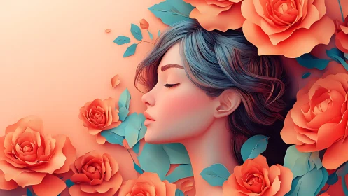 Side-profile portrait integrates stylized roses and gradient foliage