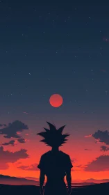 Silhouetted anime figure studies red sun under star-strewn sky