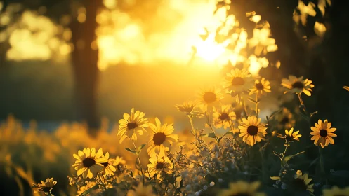 Backlit yellow daisies under low golden hour sunset light