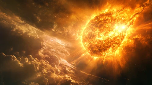 Blazing stellar fireball tearing through turbulent space clouds.