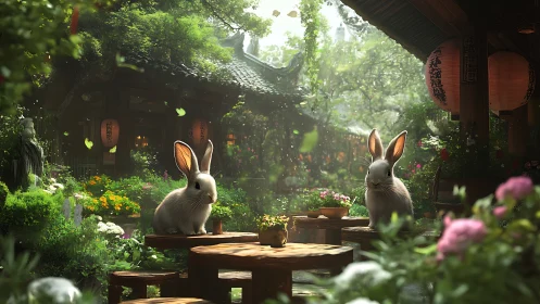 Garden rabbits on wooden tables in tranquil Asian courtyard.