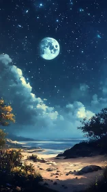 Moonlit shoreline is rendered under a dense star field