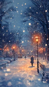 Snowy urban promenade under lamplight in painterly dusk