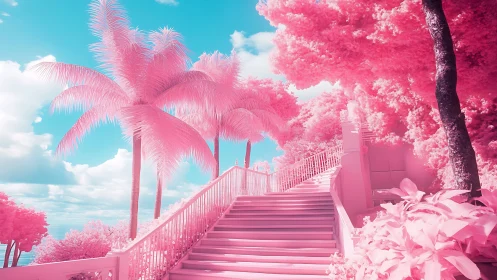 Infrared pastel staircase beneath cotton-candy palms.