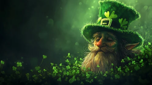 Leprechaun portrait in luminous shamrock field illumination.