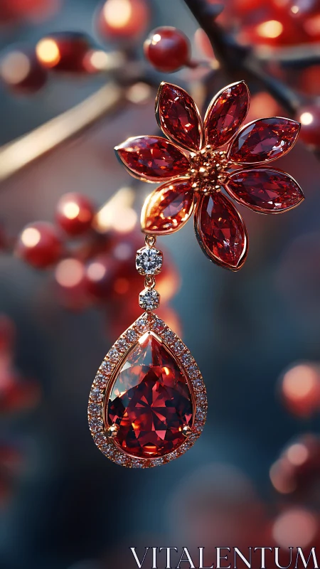 High-clarity red gemstone floral drop earring in macro focus