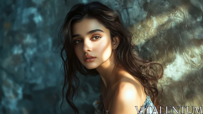 Sunlit portrait of young woman against textured stone wall