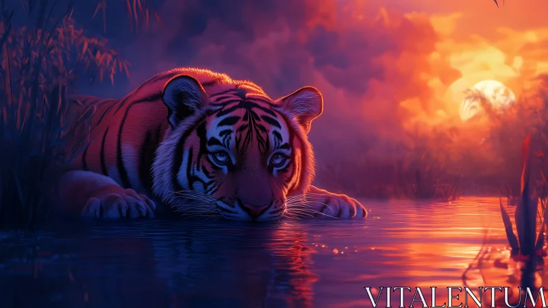 Tiger rests in shallow water under highly saturated sunset