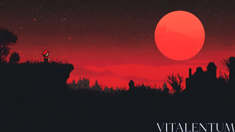 Bold little adventurer gazes toward a glowing red moon