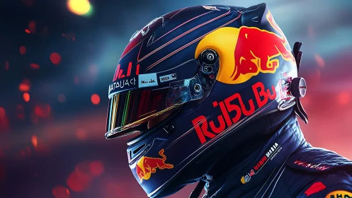 Racing helmet side profile shows reflective visor and branded livery