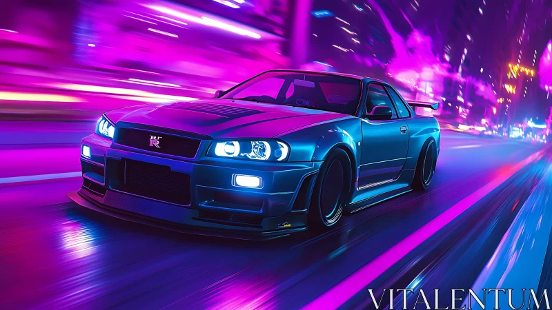 Neon blue street racer gliding through a glowing night city.