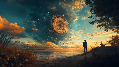 Twilight shore where a cosmic clock unravels the sky.