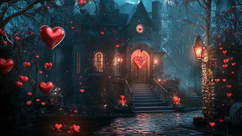 Gothic Manor Engulfed in Floating Red Hearts.