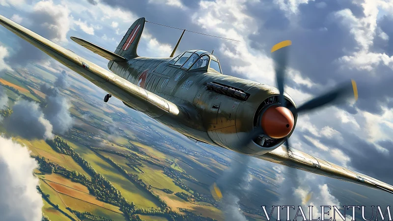 World War II fighter plane flying over rural landscape.