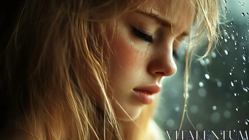 Melancholic girl profile against rain-soaked window glass.