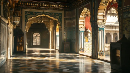 Sunlit corridor in ornate historic palace interior.