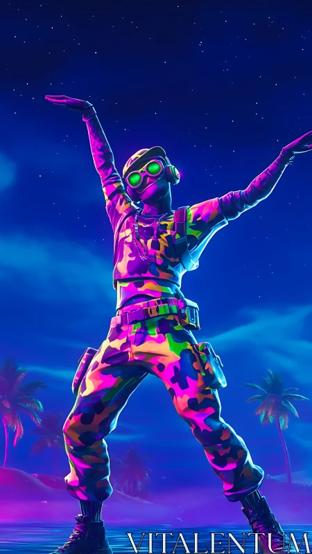 Neon camo soldier model in stylized 3D under saturated night sky